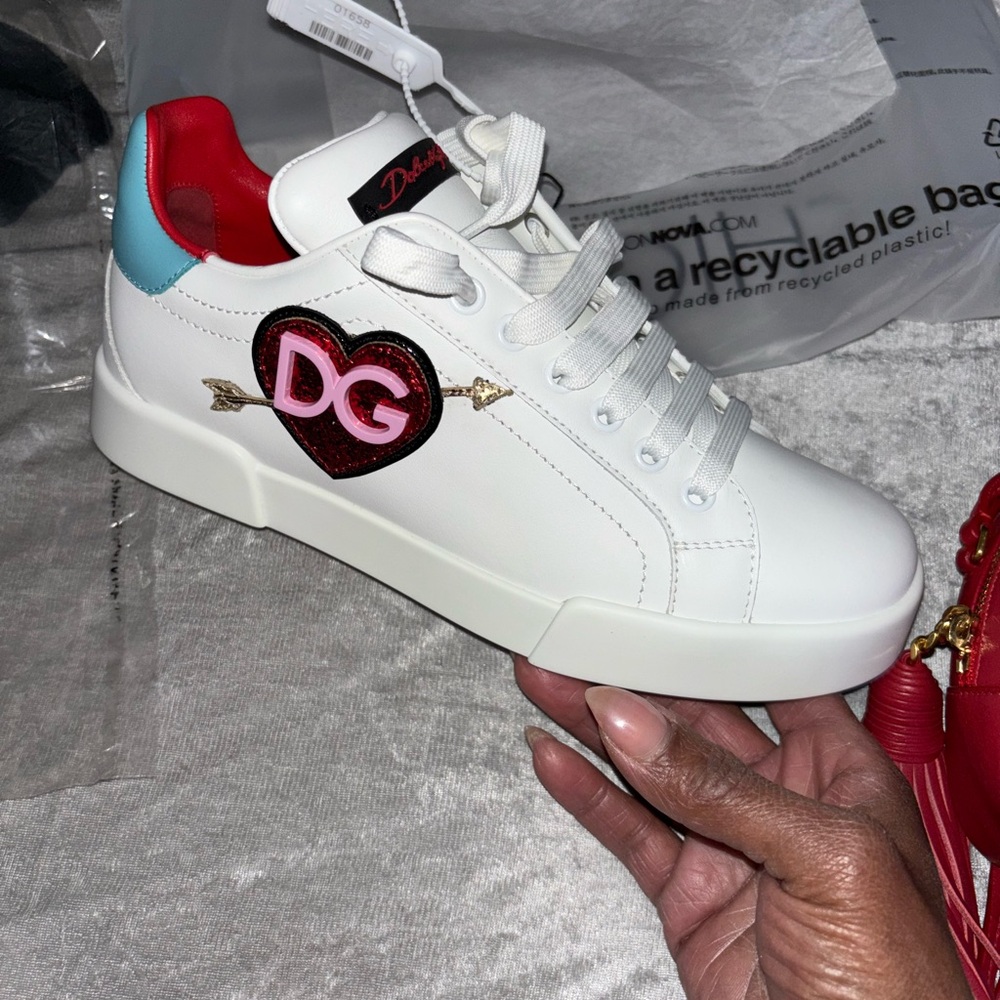 Dolce & Gabbana White and Red Sneakers with Heart Accents